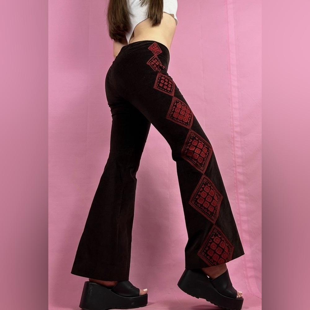 Tory Burch velvet embroidered flare pants. Mid rise. 97% cotton. Brown, red. 12